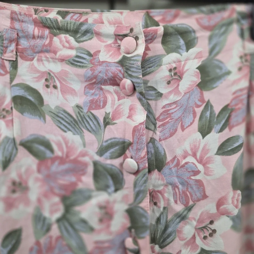 VTG Pinup A-line Boho Long Skirt Women M Pink Floral Button Front Rayon 80s Prep
